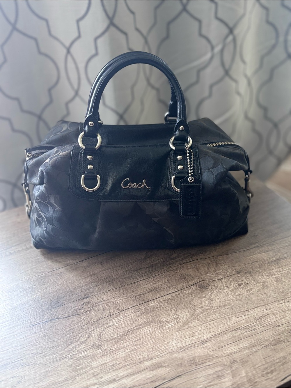 Coach Ashley Black Signature sateen Satchel Handbag F15440